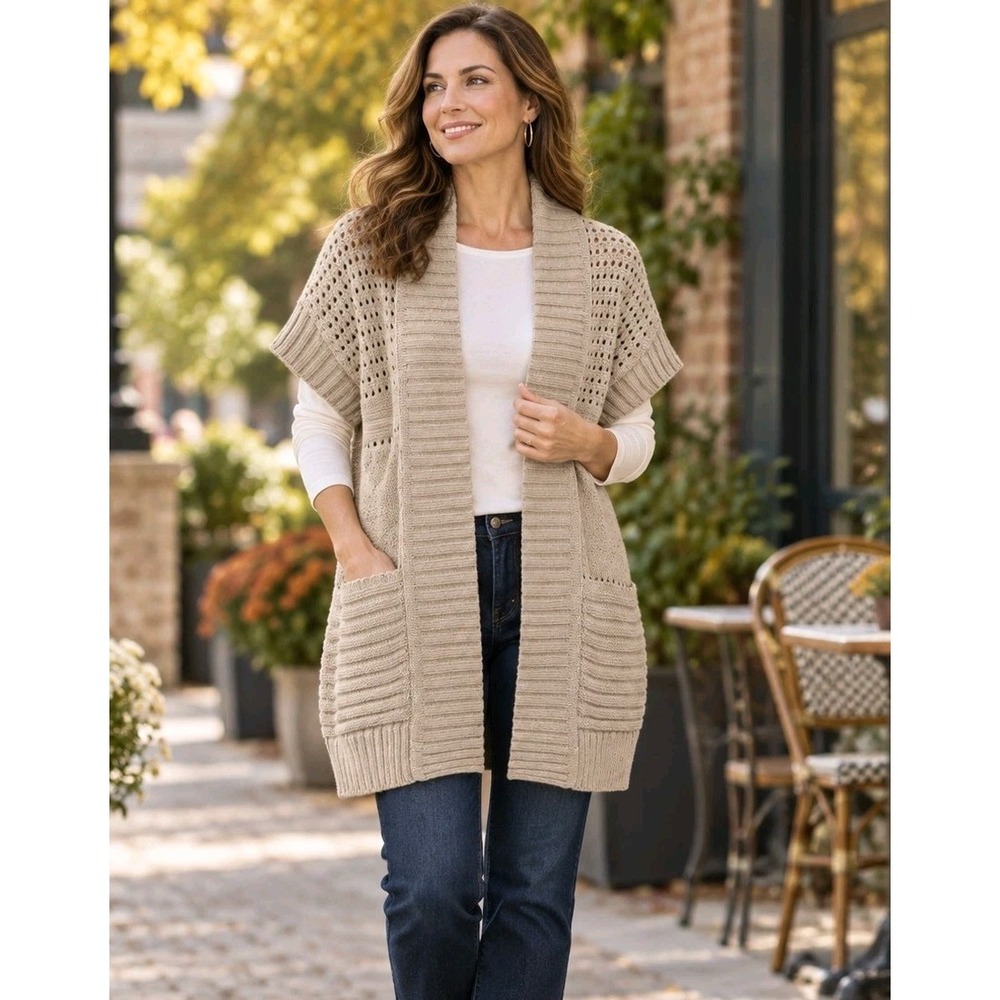 Coldwater Creek L 14 Tan Open Knit Short Sleeve Long Cardigan Cotton Fall Layer